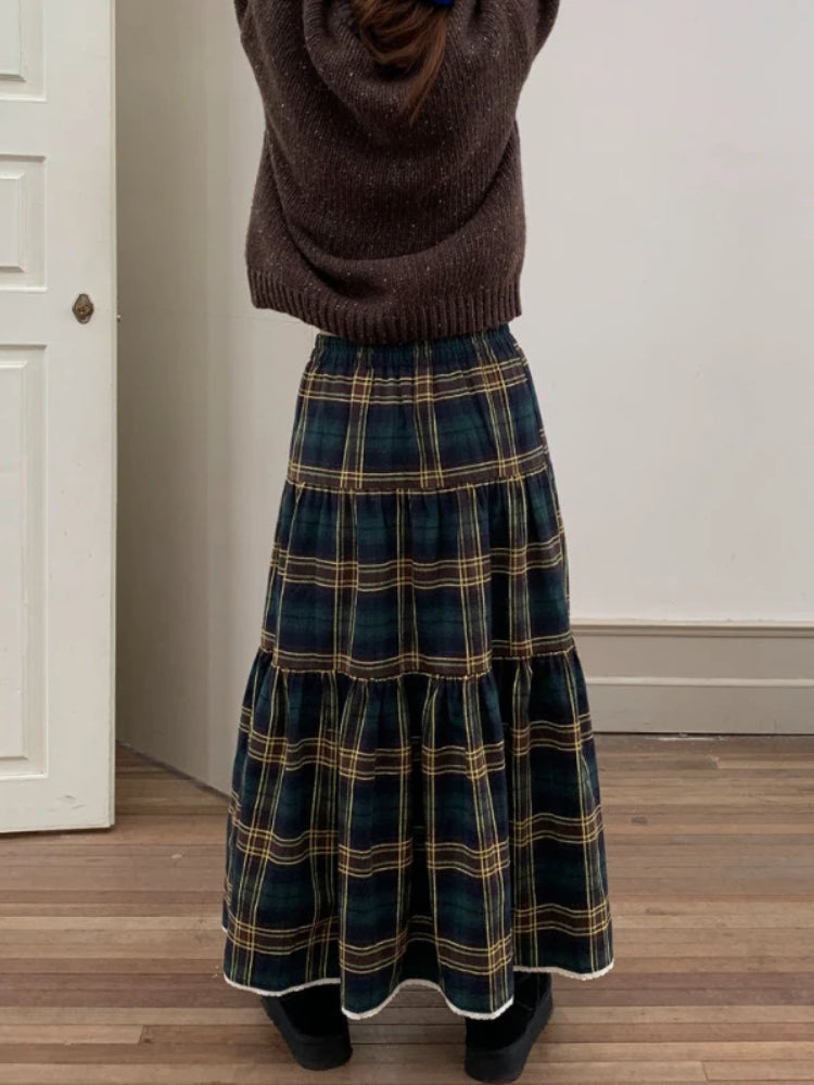 BXOXO Vintage Plaid Skirt Women Y2k Harajuku Japanese Preppy Style Long Checked Streetwear Retro Ruffle Skirts Aesthetics
