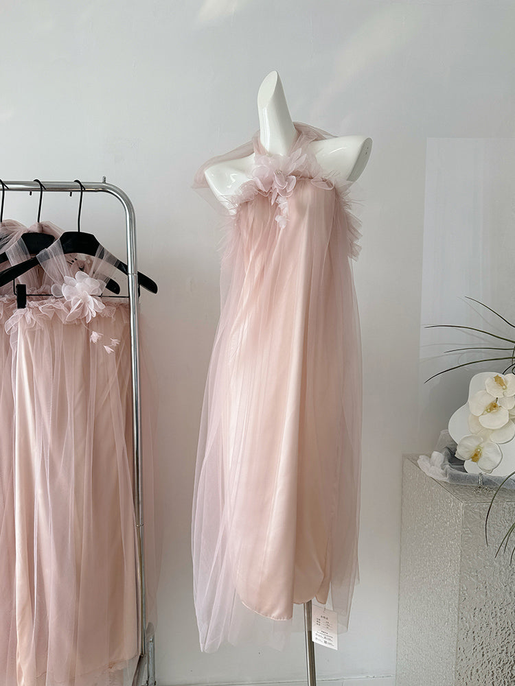 BXOXO - summer inspo Summer Women Halter Mesh Bandage Long Dresses New Elegant Sleeveless Backless Robe Fashion Slim Ruffles Fairy Sundress
