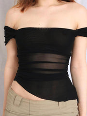 BXOXO - Asymmetrical Mesh Ruched Square Neck Top