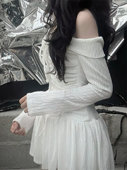 BXOXO - summer inspo Korean Fashion Slash Neck Elegant Long Sleeve A Line White Dress Women Shirring Slim Waist Simple Sweet Japanese Clothing