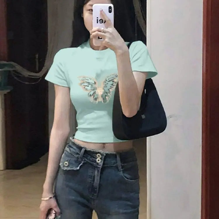 BXOXO Y2k Summer T shirts Cropped Tops Women Clothes Vintage 90s Short Sleeve Sexy O-Neck Punk Streetwewar Tee Goth Femme T shirt Top