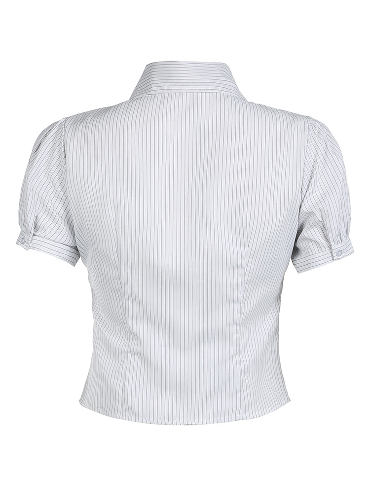 BXOXO - summer inspo Sweetown White Stripe Puff Short Sleeve Button Shirts For Women Basic Simple Casual Seumme Preppy Tops Y2K Korean Clothes