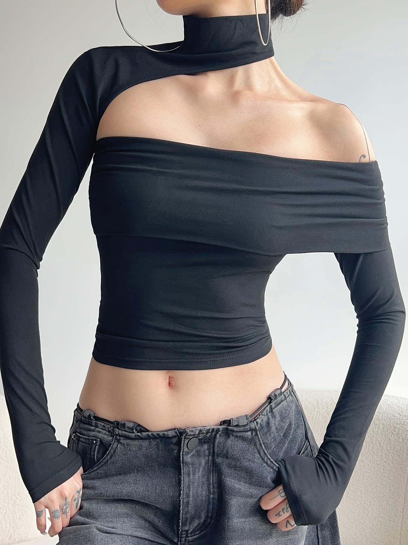 BXOXO [1pc Off-Shoulder T-Shirt] 1pc SassyGals Sexy Asymmetric Off-Shoulder T-Shirt for Women - Knit Polyester, Short Length, Solid Color, Slim Fit, Spring/Summer Fashion Top