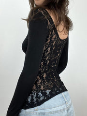BXOXO - summer inspo Sweetown Back See Through Lace Patchwork Elegant Sexy Black T Shirt Women Button Up O Neck Slim Long Sleeve Solid Basic Tees