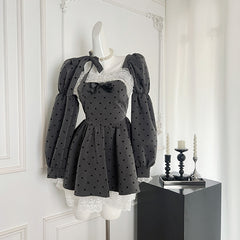 BXOXO - summer inspo Grey Polka Dot Dress Korean Style Retro High Waist Mini Dresses Women Fashion Lace Splicing Long Sleeve Dress