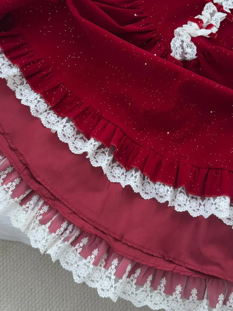 BXOXO Autumn French Sweet Elegant Velvet Short Dress Women Red Design Bow Lace Party Dress Christmas New Year Chic Holiday Clothing