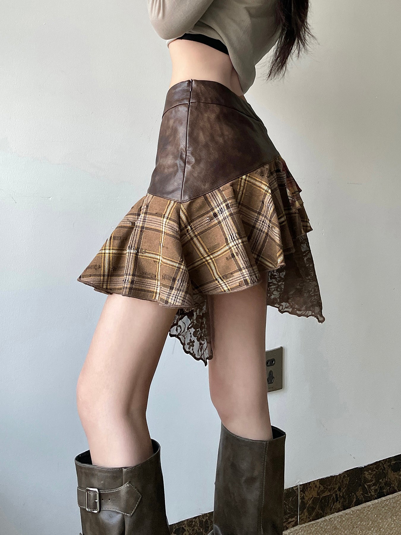 BXOXO - summer inspo American Retro Asymmetrical Women’s Mini Skirts Lace Stripes Plaid Leather Irregular Fashion Chic Design Short Dresses