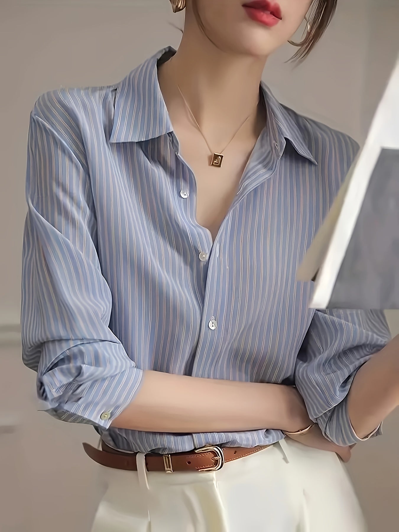 BXOXO Women'S Elegant Striped Polyester Shirt, Loose Fit, Long Sleeve, Regular Length, Button-Up Polo Collar, All Seasons, Woven Fabric, 120gsm - Blue Striped Blouse