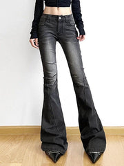 Street Distressed Ruched Splice Low Rise Flare Jeans