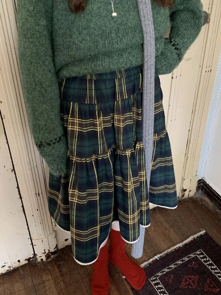 BXOXO Vintage Plaid Skirt Women Y2k Harajuku Japanese Preppy Style Long Checked Streetwear Retro Ruffle Skirts Aesthetics