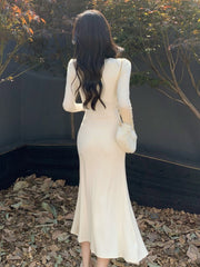 BXOXO party look inspos Autumn Knitted Shirring Mermaid Dress French Elegant High Waist Slim Party Prom Casual Midi Dresses Solid Female Clothes  New