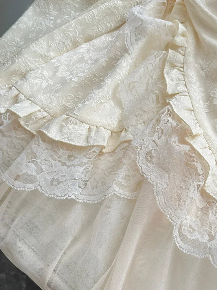 BXOXO Spring French Retro Elegant Princess Dress Women Lace Straps Mesh Embroidery Spliced Long Dress Mori Girl Style Design Vestidos