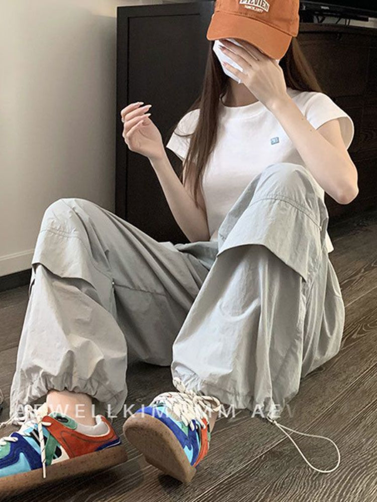 BXOXO Y2k Baggy Parachute Pants Women Vintage Wide Leg Pleated Cargo Trousers Joggers Casual Gray Oversized Summer Streetwear