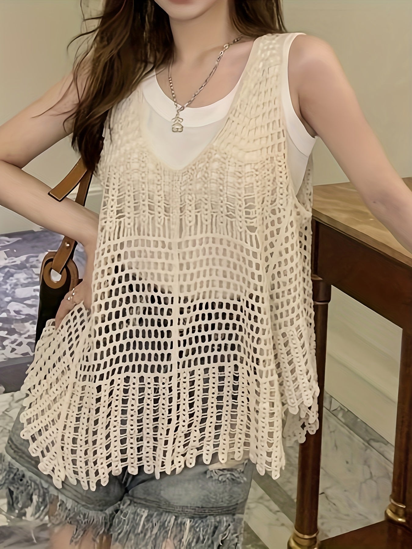BXOXO 1pc Chic Hollow Knit V-Neck Vest Top - Summer Sleeveless Polyester Pullover with Slight Stretch, Casual Weekend Solid Color Crochet Style Tank