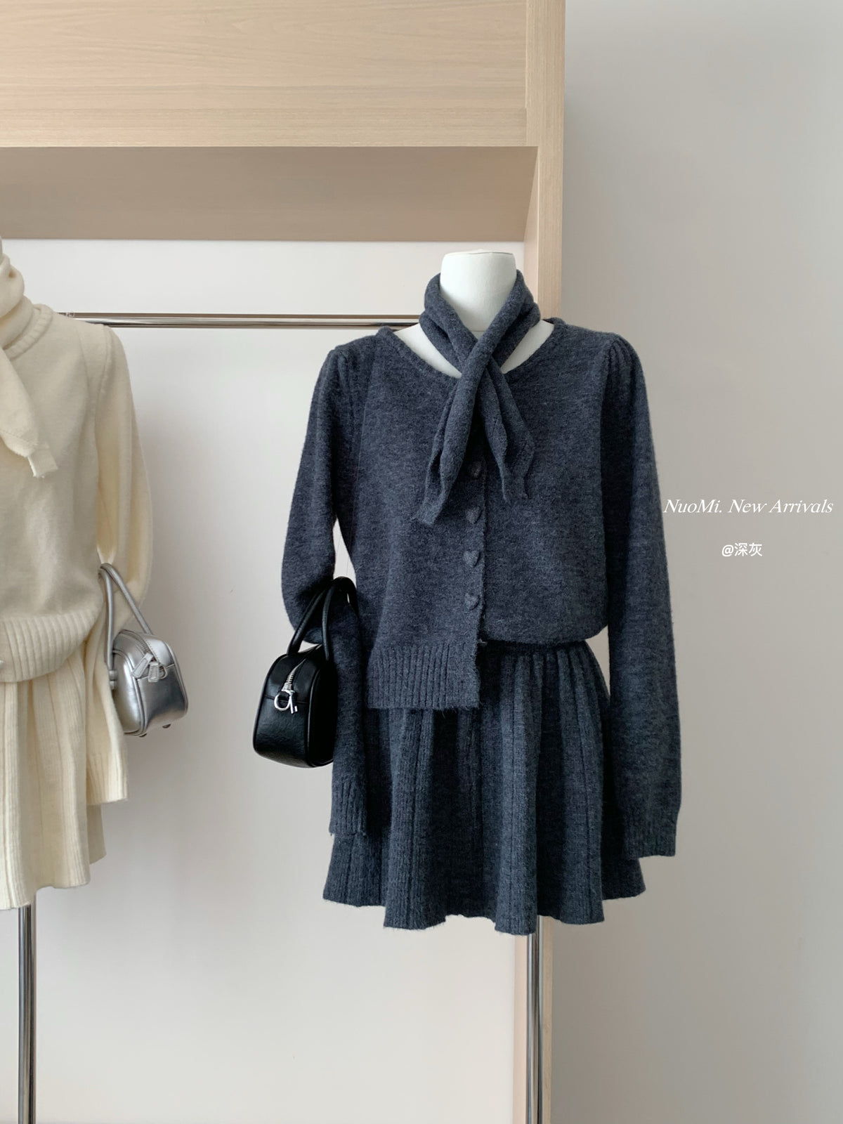 BXOXO Autumn Korean Gentle Elegant Loose 3 Piece Set Women Knitt Heart Button Cardigan+Scarf+Elastic Waist Pleated Skirts Casual Suit