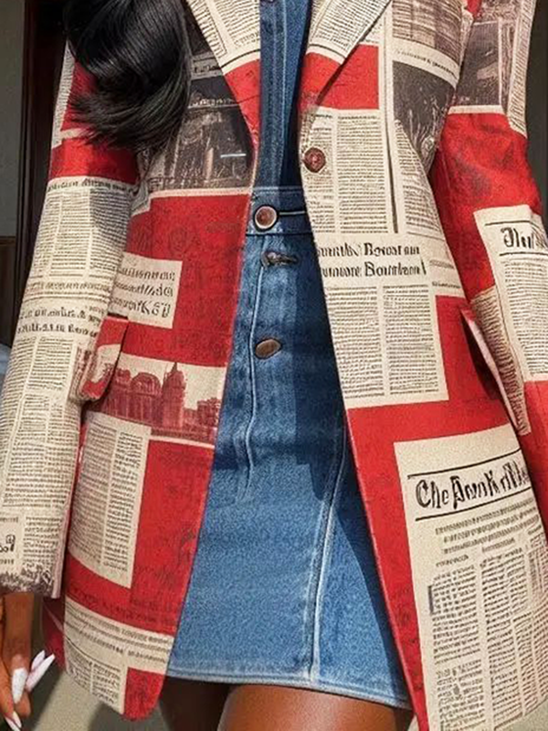 BXOXO Long Sleeves Loose Buttoned Newspaper Print Pockets Split-Joint Notched Collar Blazer Outerwear