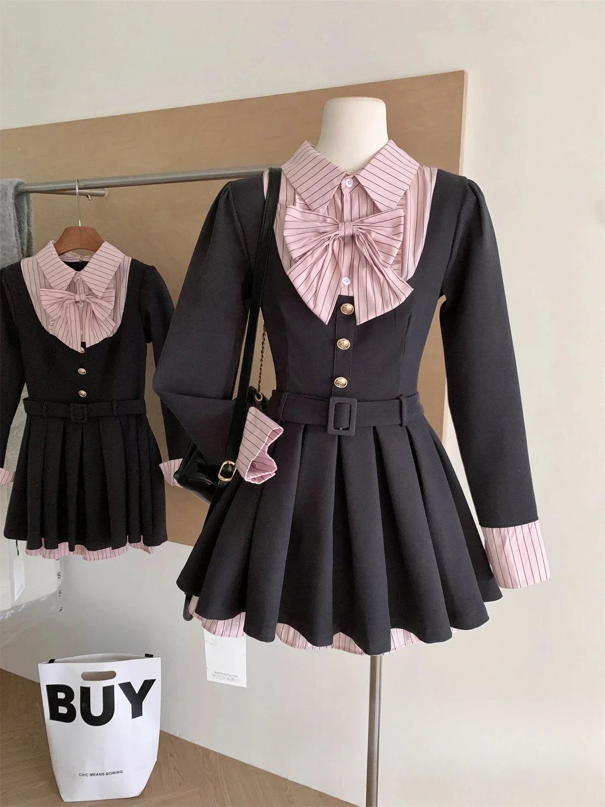BXOXO Women Korean College Preppy Mini Fake Two Pieces Shirt Dress Korean Chic Girl Bow Frock Long Sleeve One-Piece 2000s Sweet Y2k