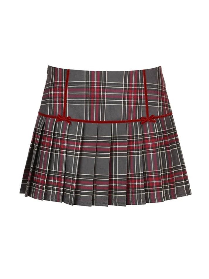 Vintage Plaid Print Bow Decor Pleated Low Rise Mini Skirt