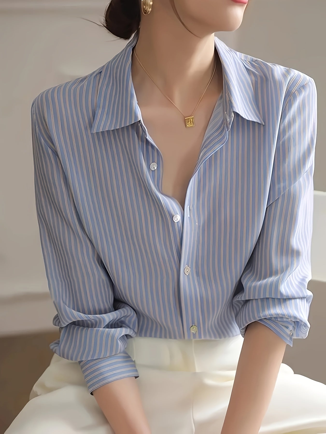 BXOXO Women'S Elegant Striped Polyester Shirt, Loose Fit, Long Sleeve, Regular Length, Button-Up Polo Collar, All Seasons, Woven Fabric, 120gsm - Blue Striped Blouse