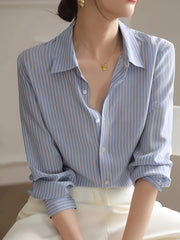 BXOXO Women'S Elegant Striped Polyester Shirt, Loose Fit, Long Sleeve, Regular Length, Button-Up Polo Collar, All Seasons, Woven Fabric, 120gsm - Blue Striped Blouse