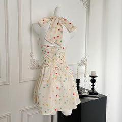BXOXO - summer inspo Elegant Polka Dot Short Dress Women V-neck Backless Sleeveless Halter Dress Fashion High Waist A-line Mini Dress