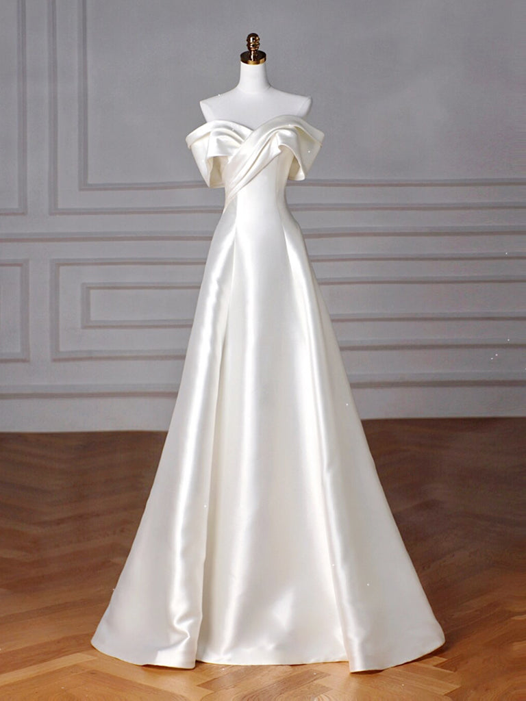 BXOXO A-Line Off Shoulder Satin Beige Long Prom Dress, Beige Long Formal Dress