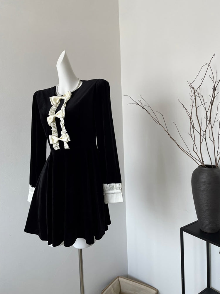 BXOXO - summer inspo Bow Wood Ear Dress Women Autumn Winter Design Sense Niche French RetroTemperament Women Dresses