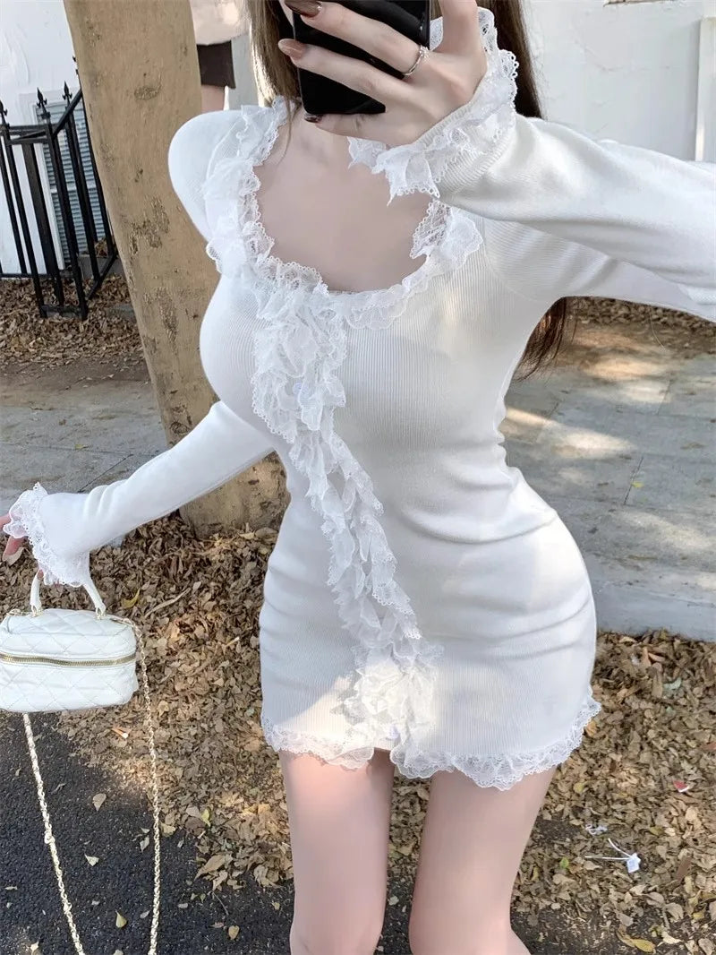 BXOXO Y2k Dress Women Clothing Kpop Lace Long sleeves Party Dresses High waist Korea Sweet Girl Mini Dressees Harajuku Sexys Dress