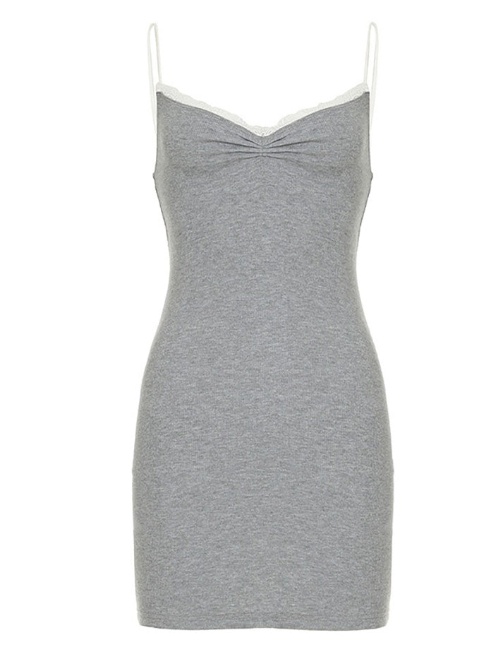 BXOXO - Gray Lace Trim V-Neck Cami Dress