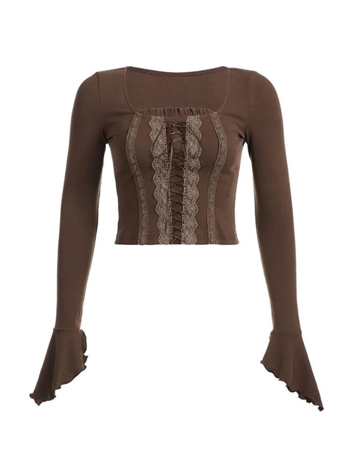 Vintage Lace Trim Splice Square Neck Long Sleeve Tee