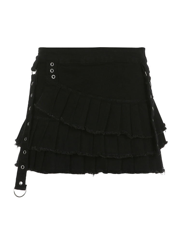 BXOXO - summer inspo Punk Gothic Black Eyelet Ribbon Denim Skirt Women Low Waist Asymmetrical Tiered Pleated Short Jean Skirts Y2K