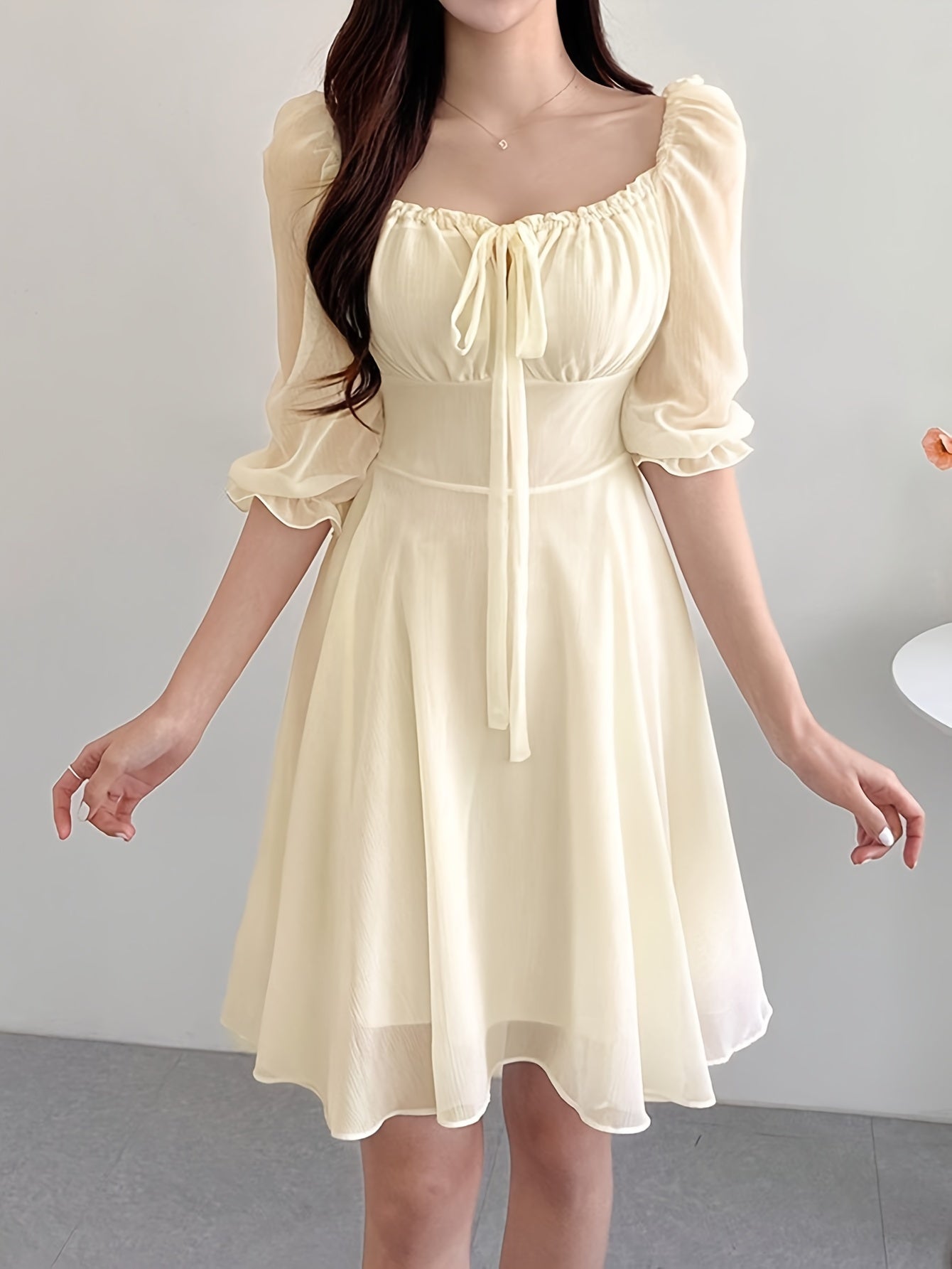 BXOXO Solid Color Square Neck Dress, Elegant Short Sleeve Tie Waist A-line Flowy Dress for Spring & Summer, Women's Clothing