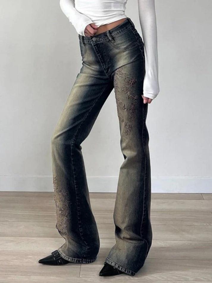 Vintage Distressed Embroidered High Rise Flare Jeans