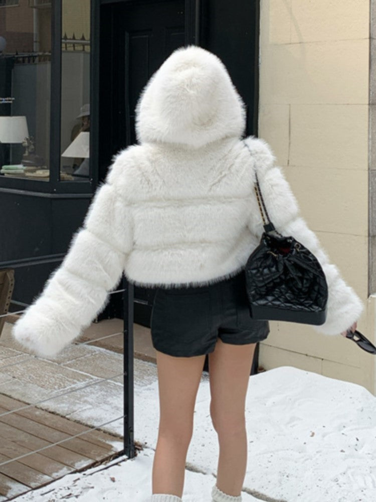 BXOXO party look inspos Fashion Hooded Faux Fur Coat Sweet Solid Long Sleeves Zipper Women's Winter Jacket Short Outerwears Femme Thick Warm Streetwears