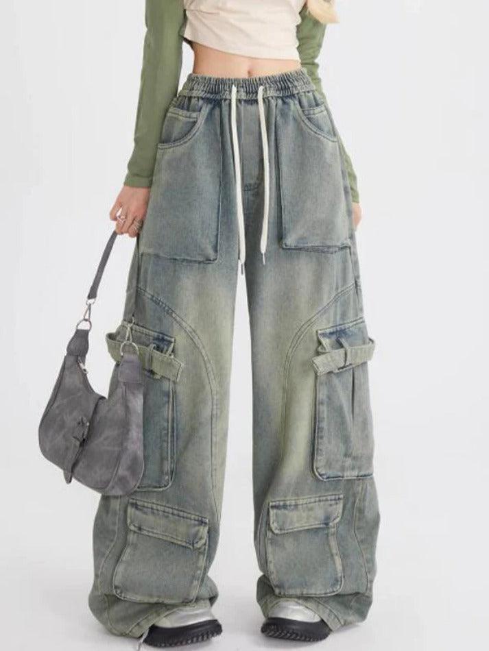 Wash Multi Pocket Drawstring Cargo Jeans