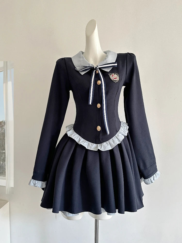 BXOXO Spring Japanes Kawaii College Style Splicing Short Dress Woman Sweet Bow Peter Pan Collar Dress Female Vintage 2000s Clothes Y2k