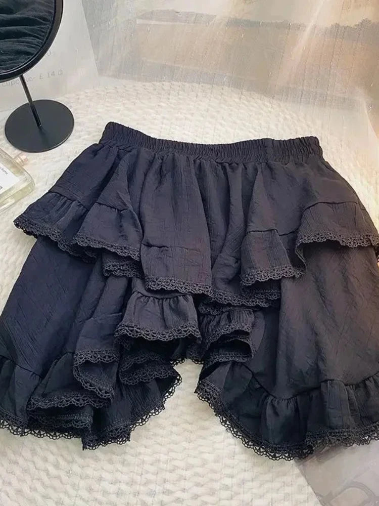 BXOXO White Irregular Ruffles Skirt Women Mini Skirts Kawaii Japanese Style Sweet Patchwork Elegant Casual Black Short Skirt