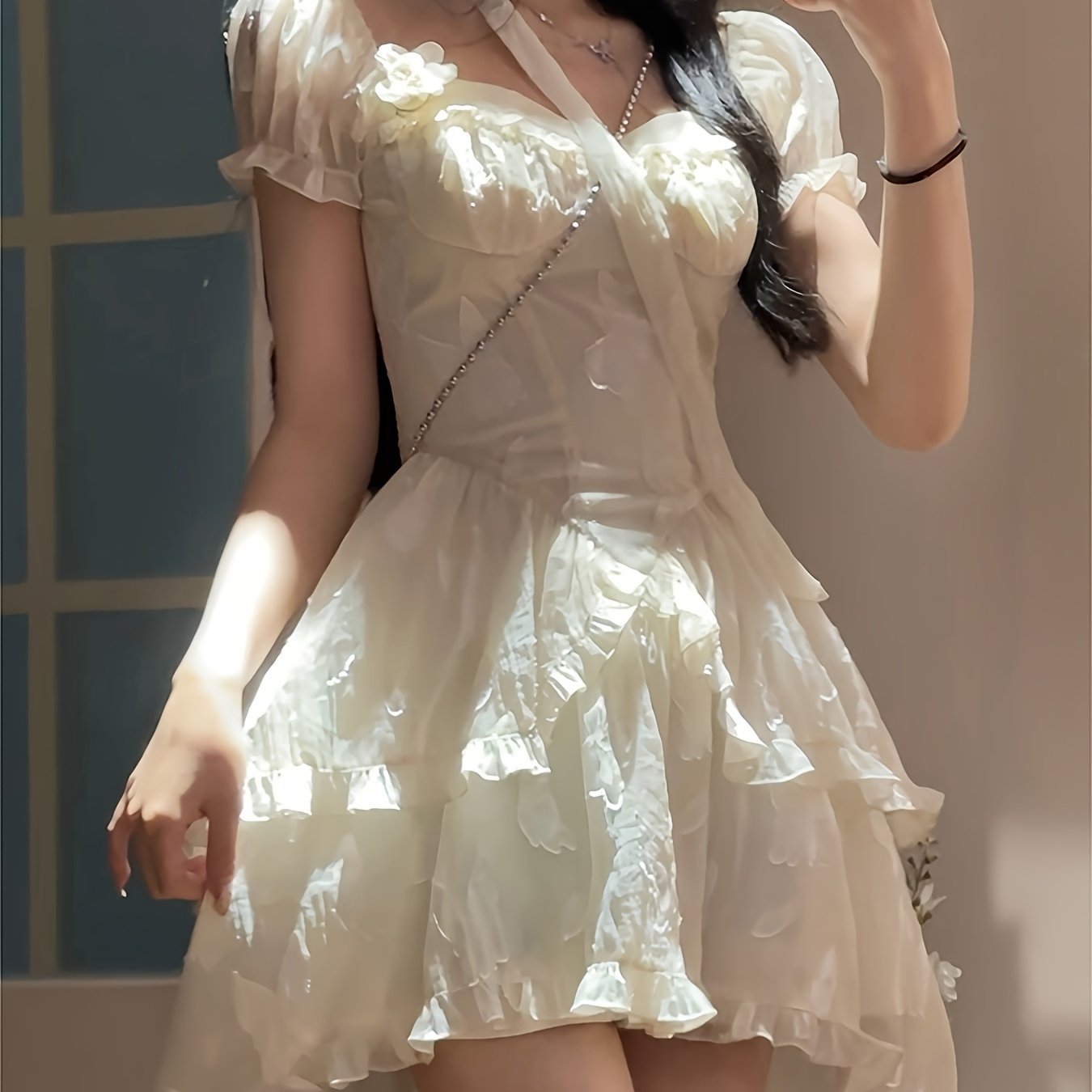 BXOXO [Polyester French Princess Dress] Sexy French Princess Style Polyester Dress - Elegant Asymmetrical Long Dress with Geometric Pattern, Lantern Short Sleeves, and Cardigan Collar for Women - Summer Irregular Hem