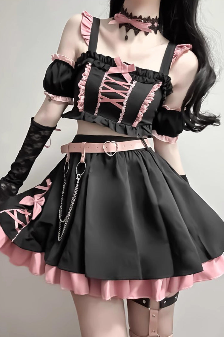 BXOXO - Black/Pink Tie Bow Gothic Sweet Lolita Strapless Skirt Dress 2 Pieces Set