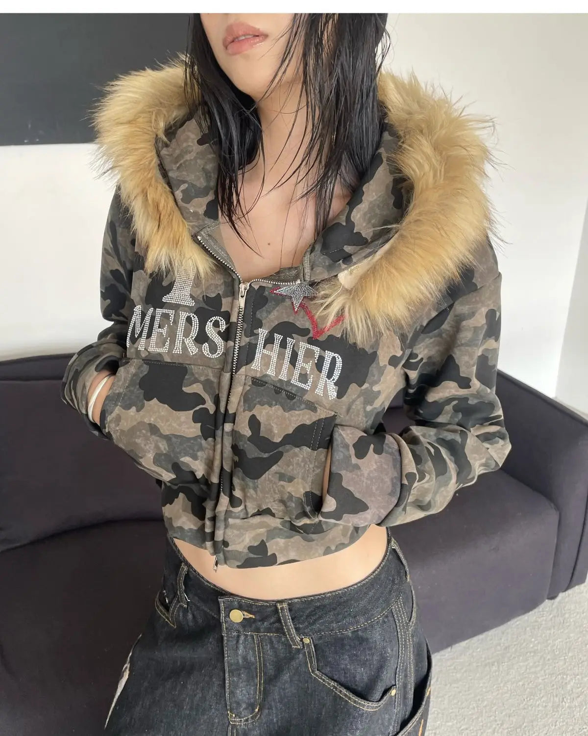 BXOXO Harajuku Zip Up Hoodie camouflage Long Sleeves Tops American Vintage Hoody Harajuku Kpop Punk Coats Top Women Y2k Grunge Hoodies