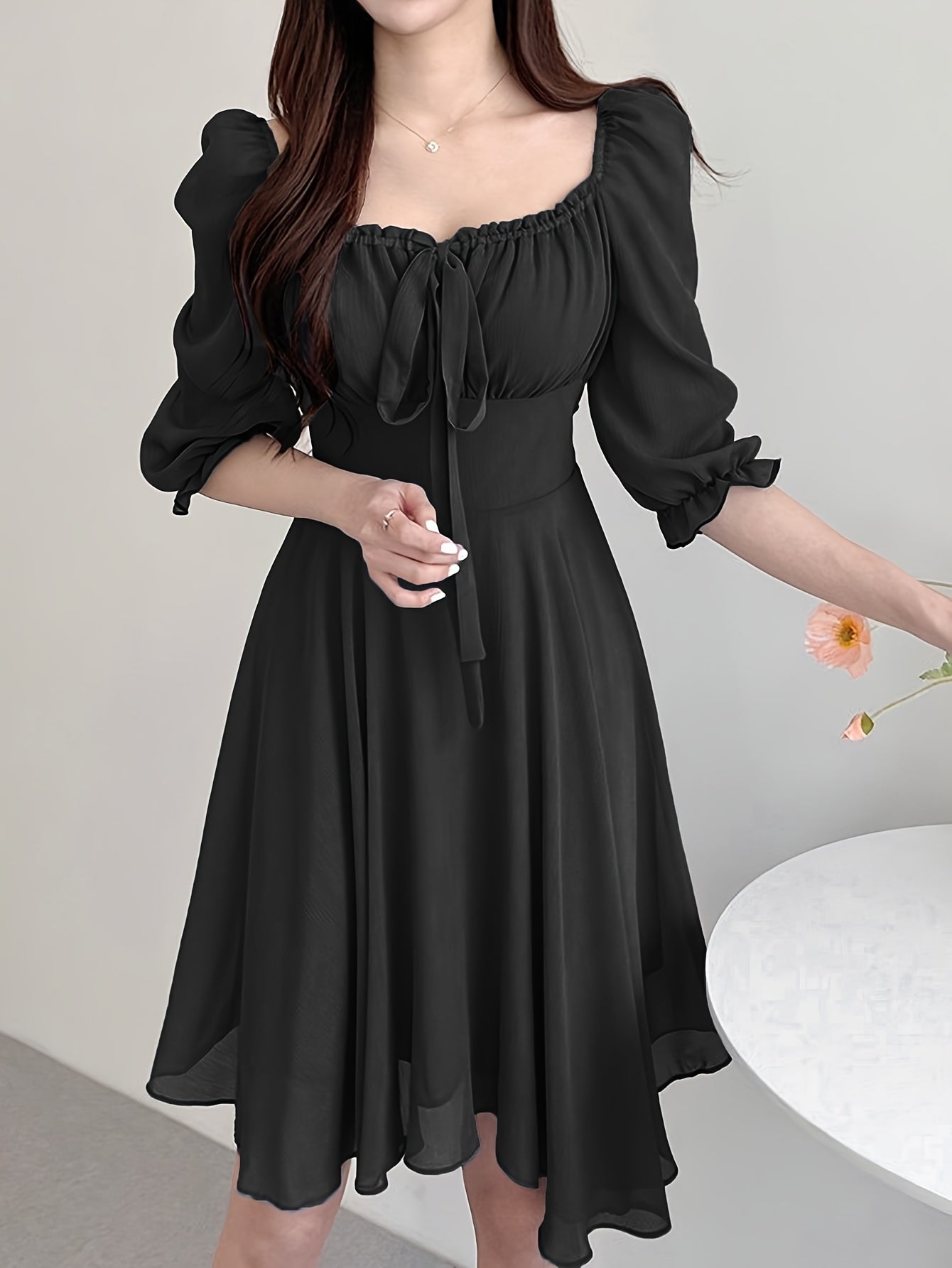 BXOXO Solid Color Square Neck Dress, Elegant Short Sleeve Tie Waist A-line Flowy Dress for Spring & Summer, Women's Clothing