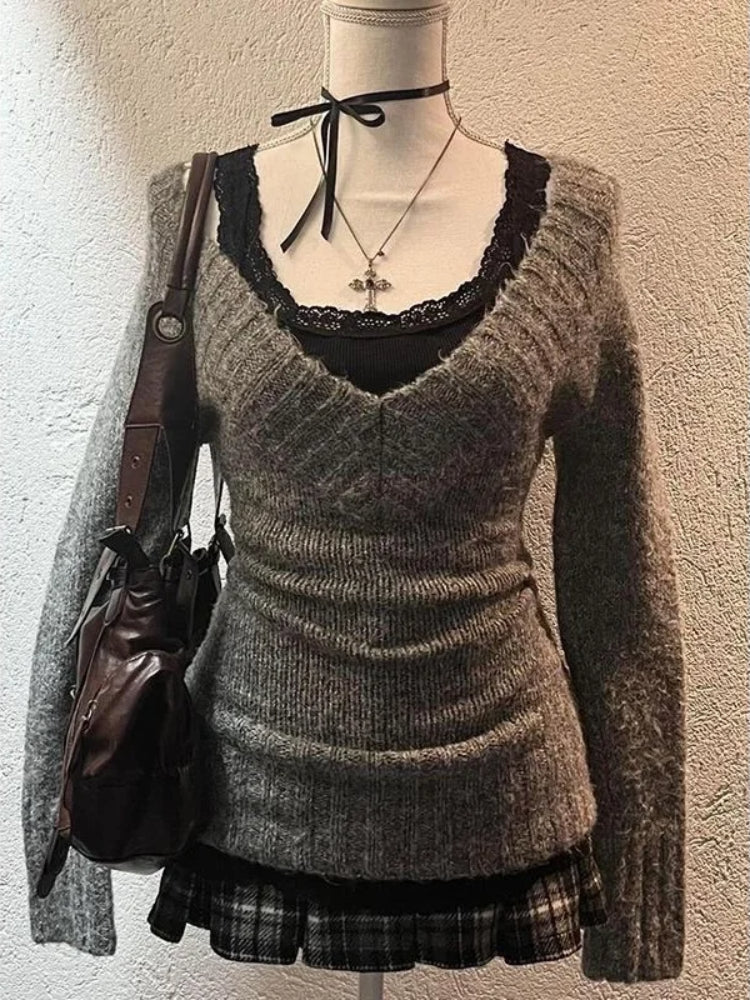 BXOXO Sexy Vintage V-neck Knitted Pullovers Women Retro Y2k Preppy Sweaters Mujer Autumn Fashion Long Sleeve Pullovers Slim