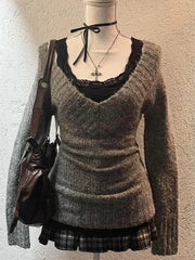 BXOXO Sexy Vintage V-neck Knitted Pullovers Women Retro Y2k Preppy Sweaters Mujer Autumn Fashion Long Sleeve Pullovers Slim