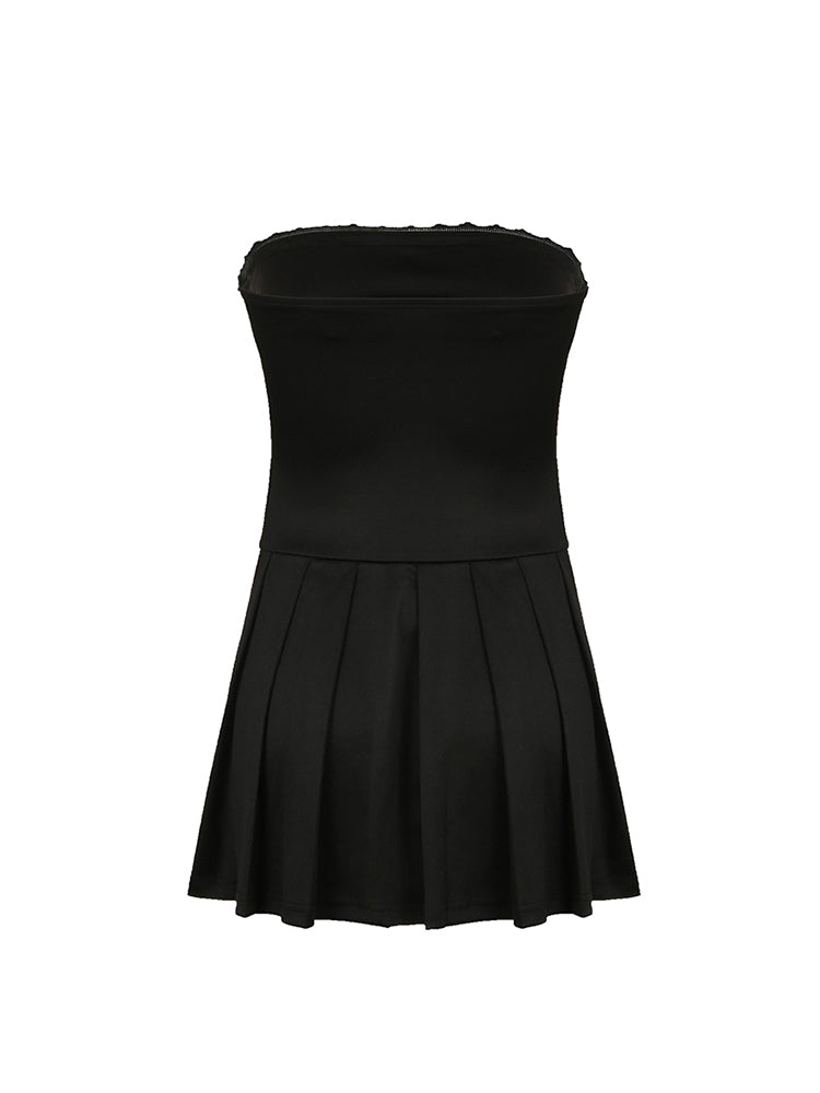 BXOXO - summer inspo Korean Fashion Contrast Tie Bow Strapless A Line Pleated Dress Women Cute Sweet Kawaii Clothing