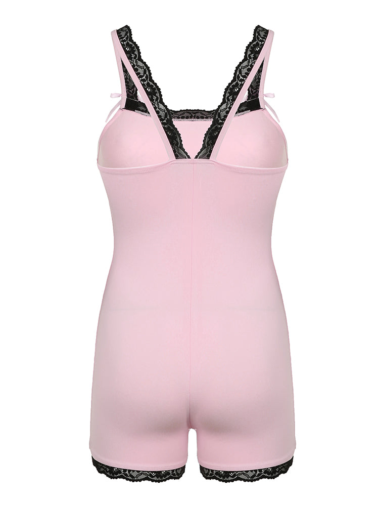 BXOXO - summer inspo Contrast Lace Patchwork Square Collar Skinny Sexy Straps Rompers Womens Playsuits Sweet Cute Y2K Clothing