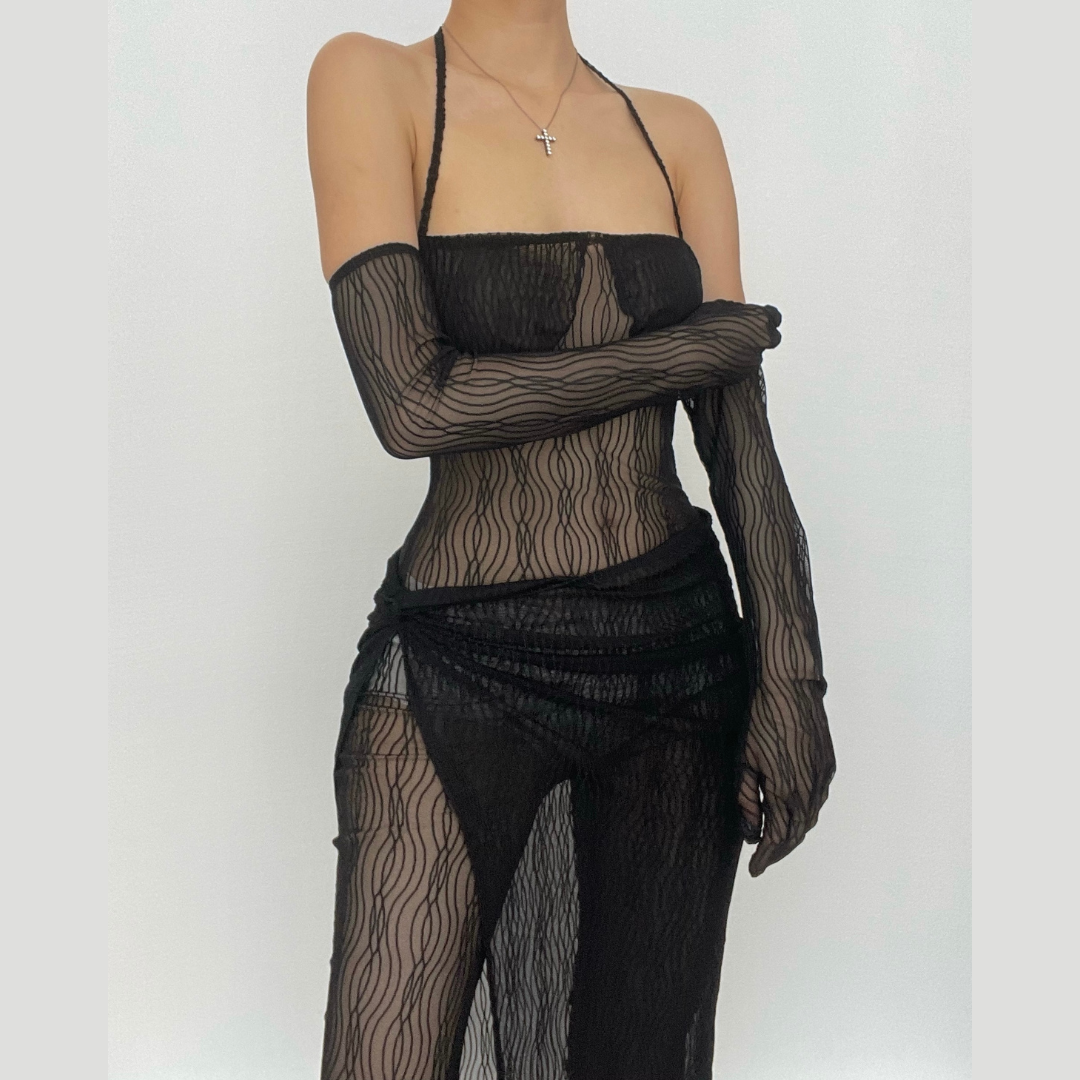 Sheer Mesh Solid Halter Self Tie Gloves Backless Jumpsuit Skirt Set