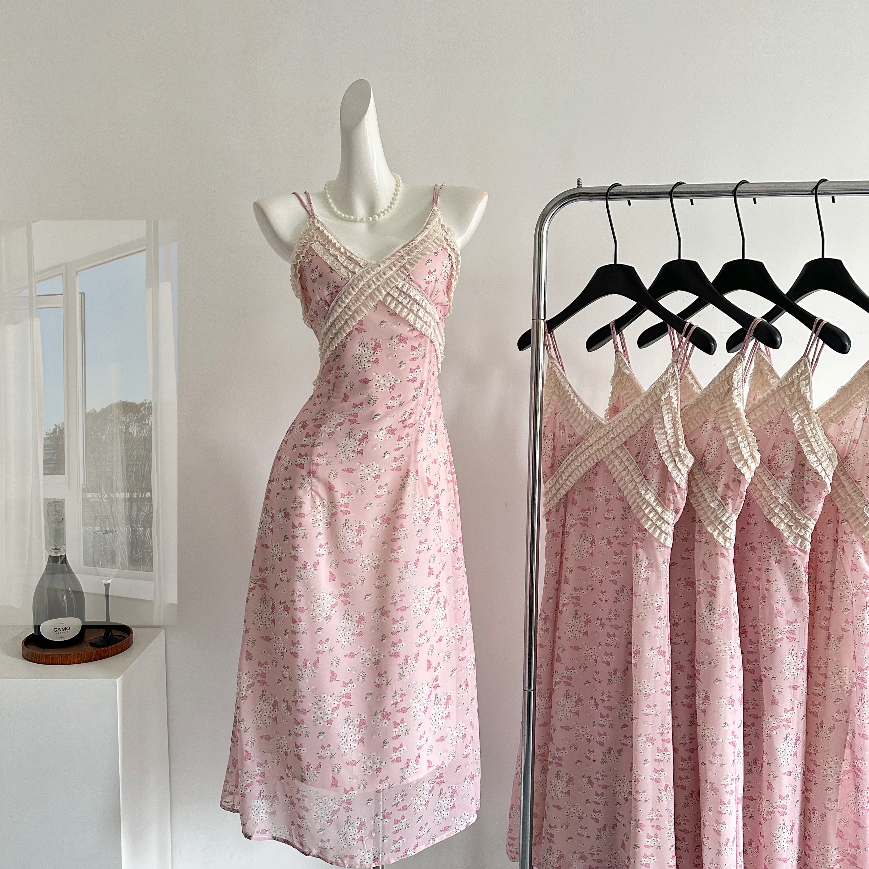 BXOXO Spring Gentle Elegant Slim Evening Dress Women V-Neck Lace Splicing Print Slip Long Dress Female Casual Chic Streetwear Clothing