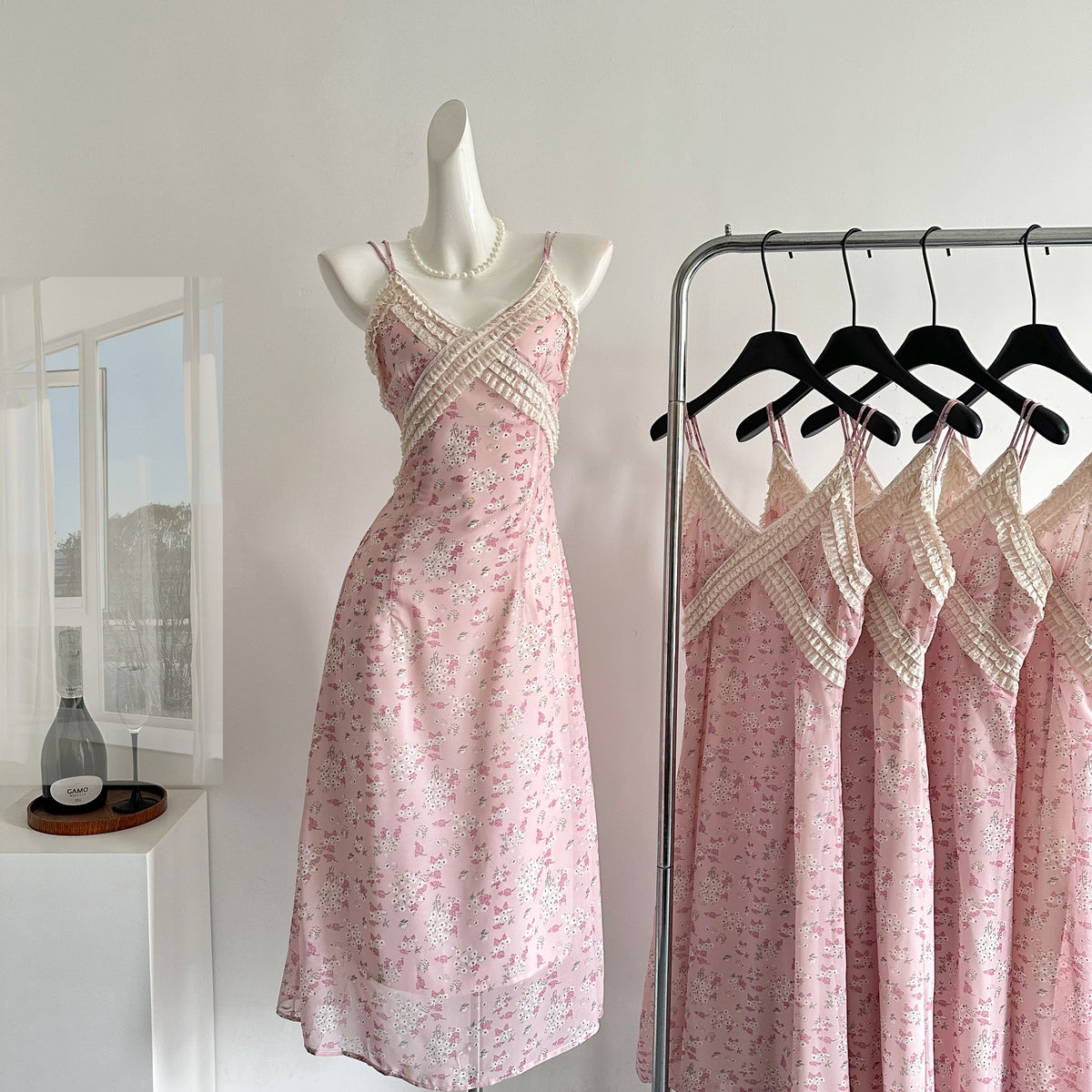 BXOXO Spring Gentle Elegant Slim Evening Dress Women V-Neck Lace Splicing Print Slip Long Dress Female Casual Chic Streetwear Clothing