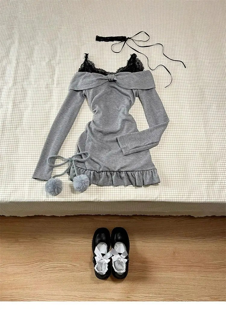 BXOXO Dresses Y2k Harajuku Women Clothes Vintage Long sleeves Slim Punk Sexy Bow Mini Dress Femme Korea Slim Gothic Aesthetic Dresses
