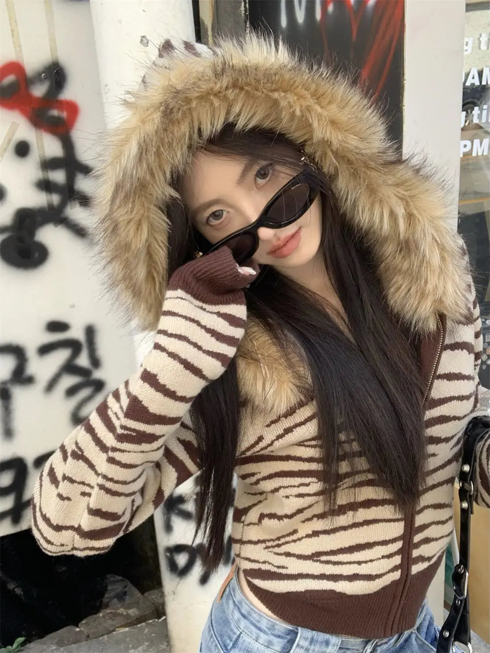 BXOXO Harajuku Zip Up Hoodies Winter Clothes Slim Streetwear Vintage Korea Punk Coats Emo Girl Fox Fur Sweatshirts Y2k Knit Hoodie Top